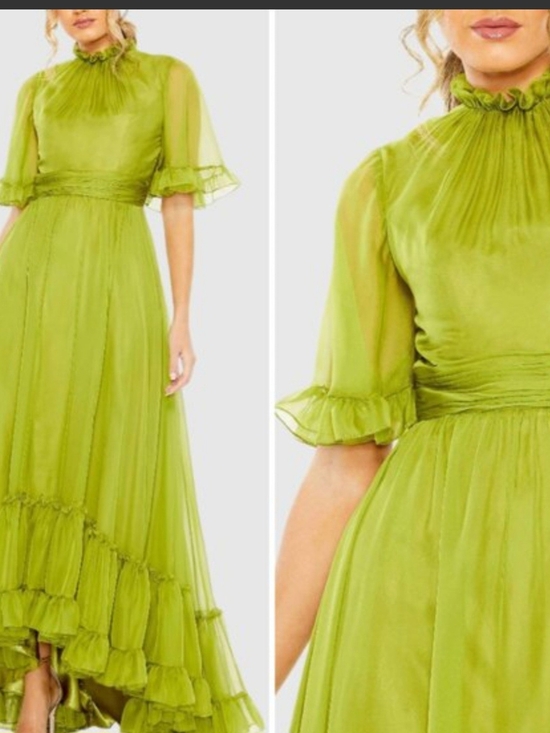 Mac Duggal Dresses & Skirts - NWT Mac Duggal Chiffon Ruched Illusion Ruffle Gown Olive Chartreuse 8